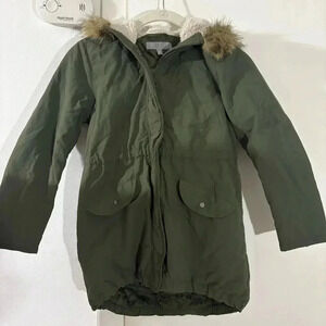 Uniqlo Kids Forest Green Down Coat Parka Fur Lined Size 7 - 8